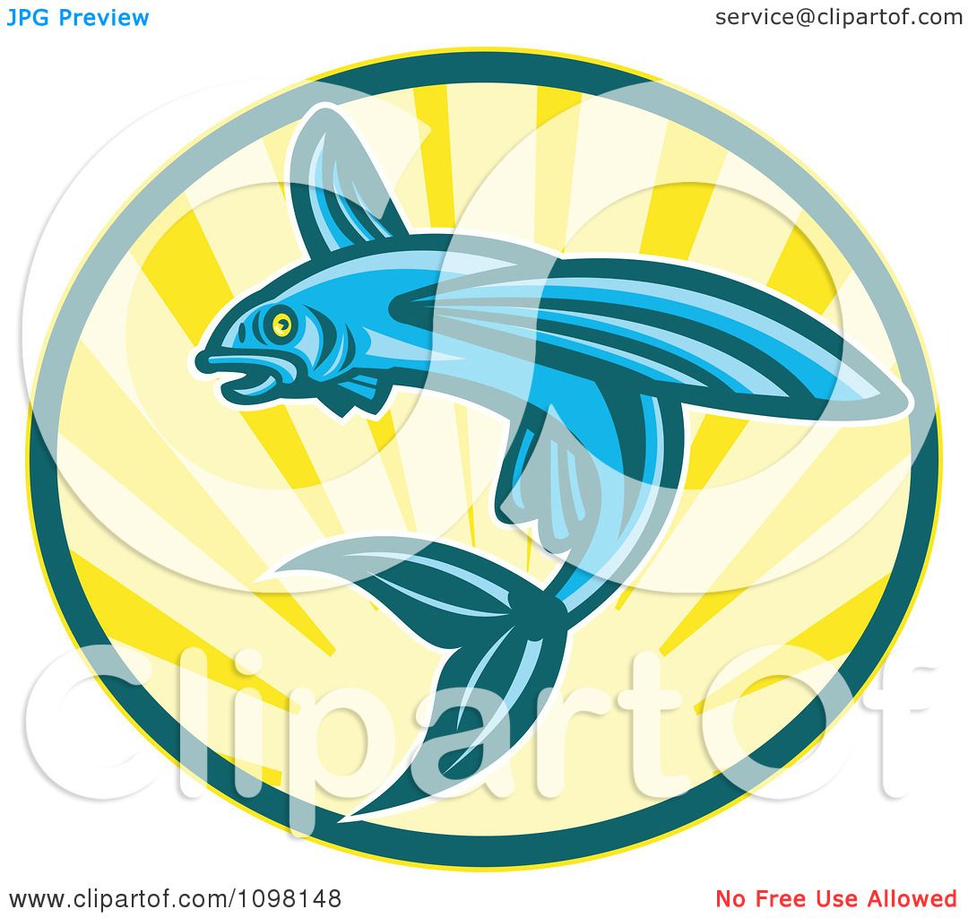 1080x1024 Clipart Blue Retro Woodcut Flying Fish Jumping Over Sunshine