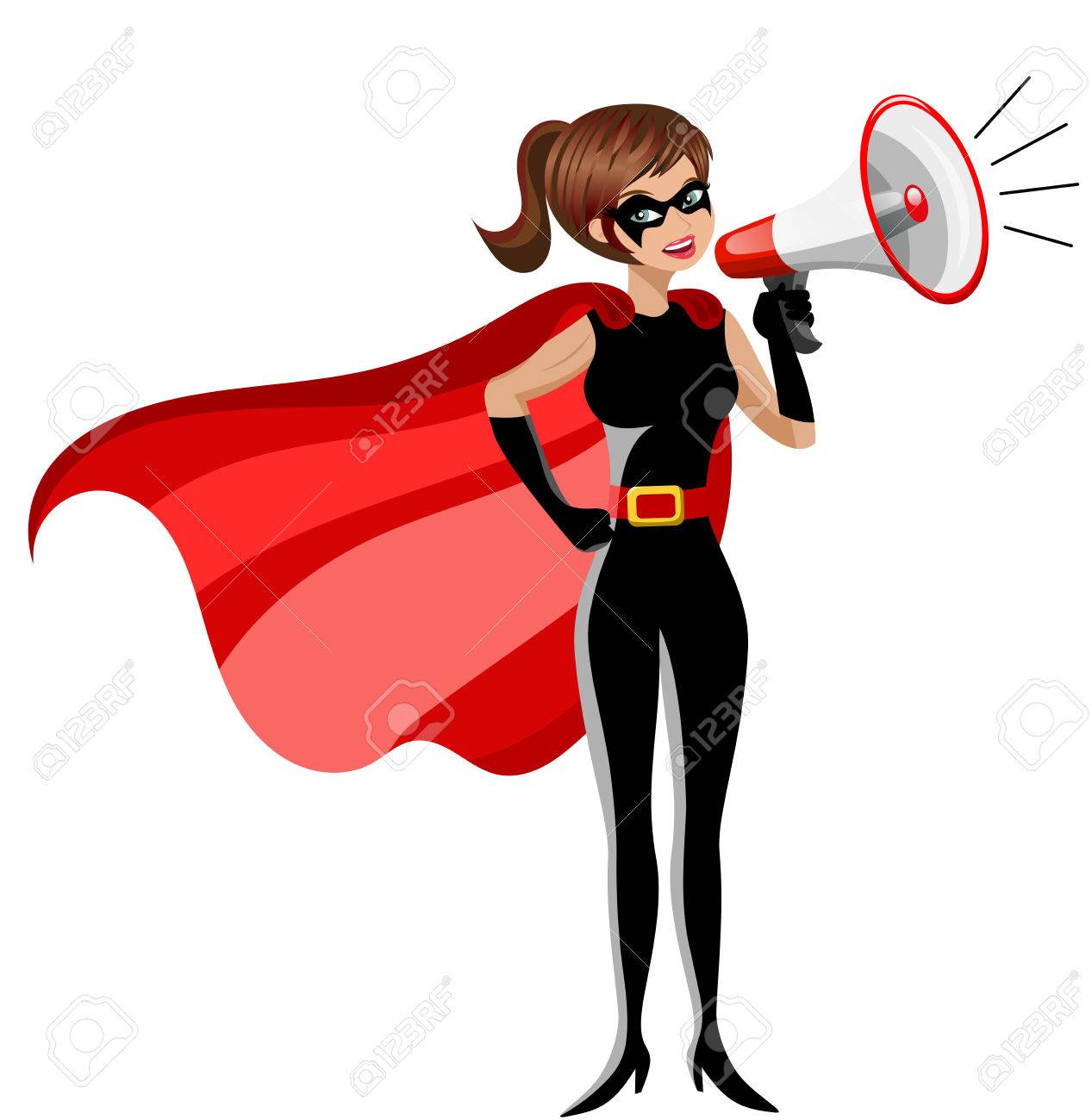 1267x1300 Superhero Woman Standing And Speaking With Megaphone Isolated