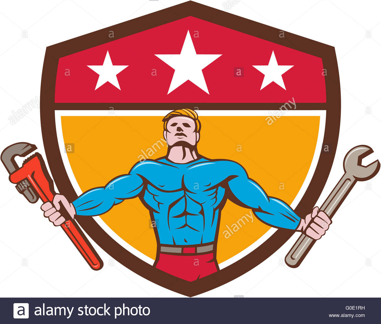 1300x1104 Superhero Handyman Spanner Wrench Shield Cartoon Stock Photo