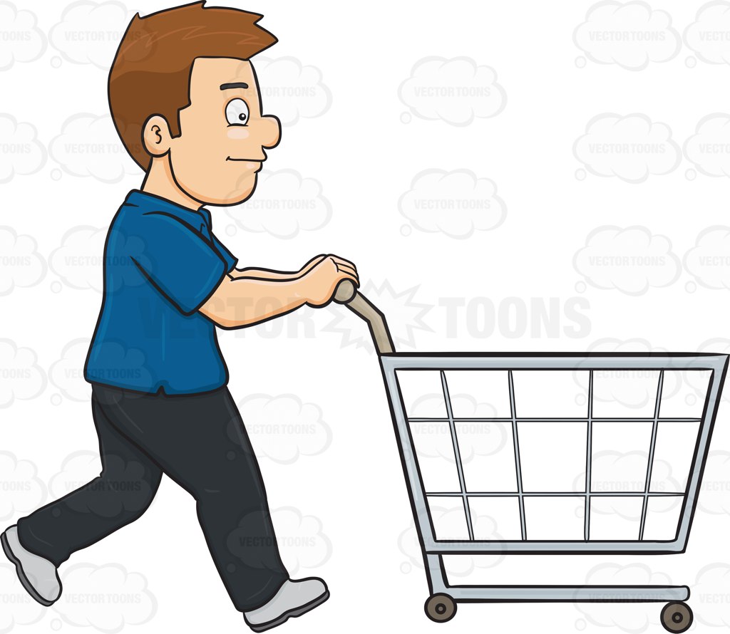 1024x890 A Man Pushing A Shopping Cart Inside The Supermarket Cartoon