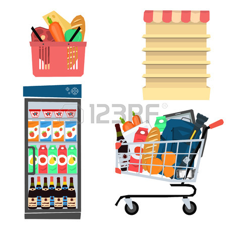 450x450 Vector Set Supermarket Basket With Food. Isolated Food Items