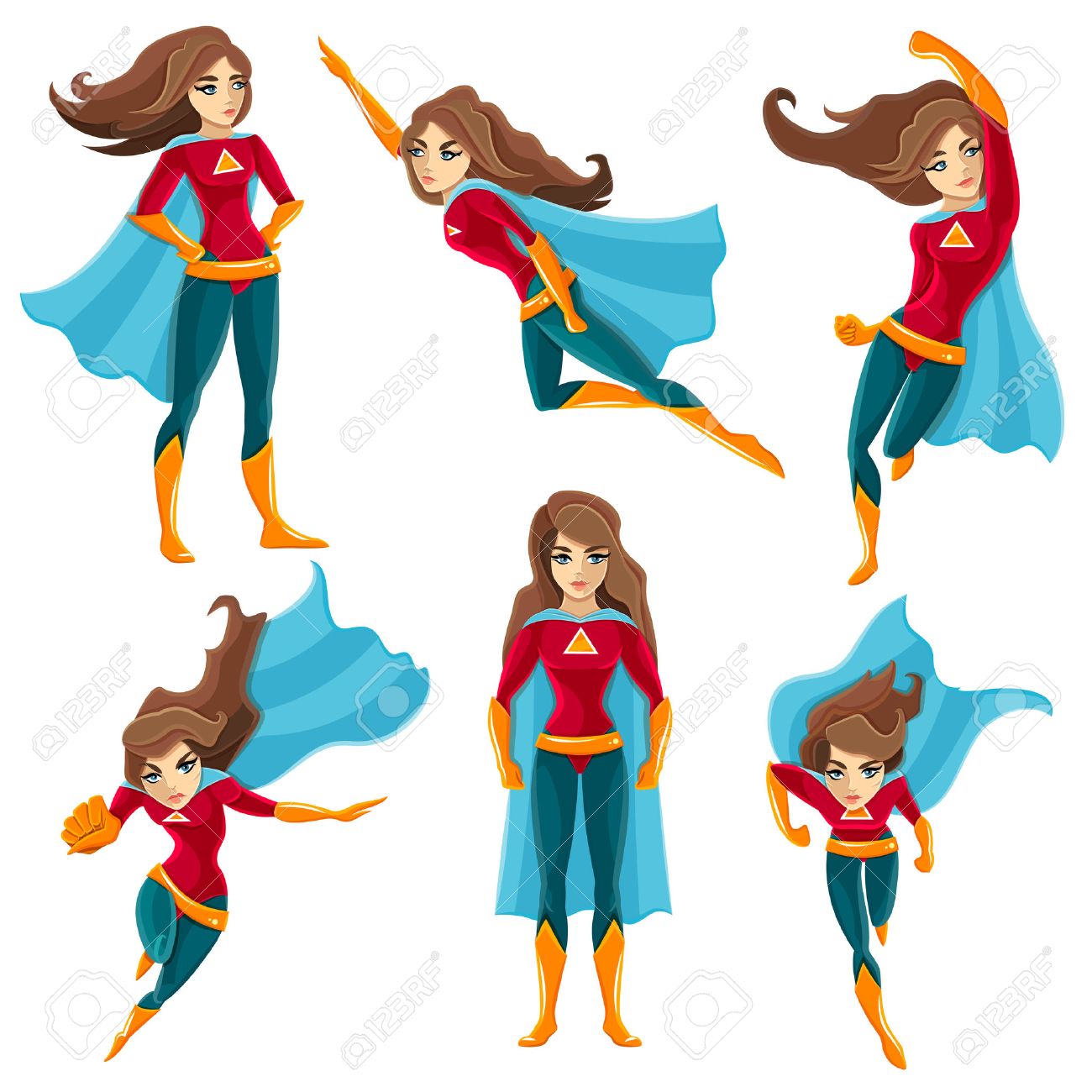 1300x1300 Longhaired Superwoman Actions Set In Cartoon Colored Style