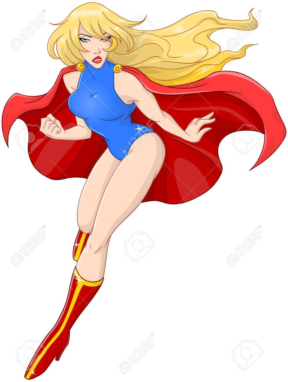 980x1300 Illustration Of Super Woman Flying With Red Cape. Royalty Free
