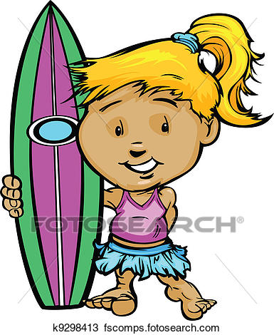 385x470 Clipart Of Kid Surfer Girl Holding Surfboard Vector Image K9298413