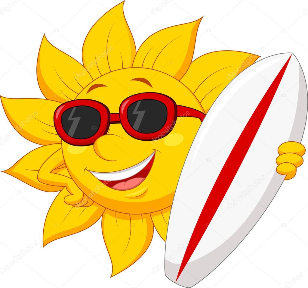 1024x956 Cute Sun Cartoon Character With Surfing Board Stock Vector