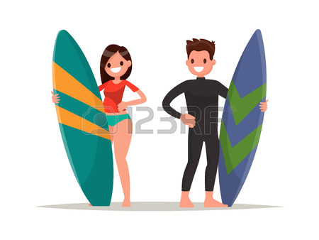 450x338 Man And Woman Surfer Standing, Holding A Surfboard. Cartoon People