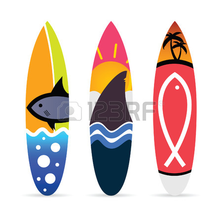 450x450 Surfboard Set With Shark Design Color Art Illustration Royalty
