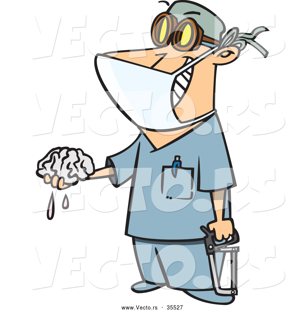 1024x1044 Vector Of A Smiling Cartoon Surgeon Holding A Saw And Brain
