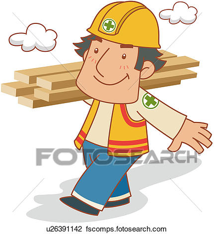 431x470 Clipart Of Construction Worker Carrying Lumber U26391142
