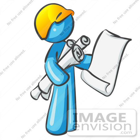 450x450 Clip Art Graphic Of A Sky Blue Guy Character Holding Blueprints