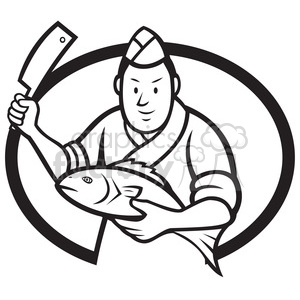 300x300 Royalty Free Black And White Japanese Sushi Chef Fish Knife Oval
