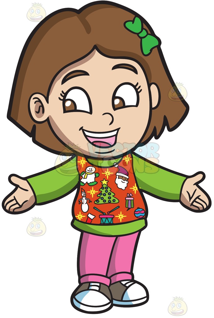 691x1024 A Friendly Girl In And Ugly Christmas Sweater Cartoon Clipart