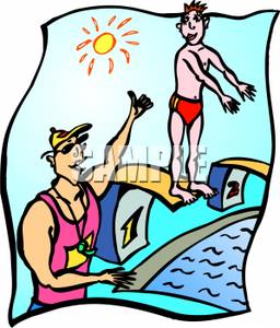 256x300 Colorful Cartoon Of A Swim Coach Instructing A Swimmer