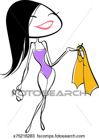 335x470 Drawing Of Woman In Swimsuit Holding Flippers And Swimming Goggles