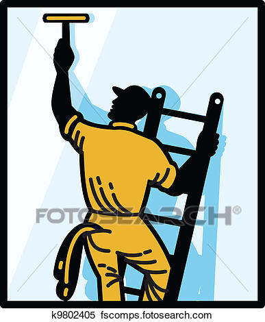 387x470 Clipart Of Window Cleaner Worker Cleaning Ladder Retro K9802405