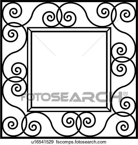 446x470 Clip Art Of , Border, Fancy, Frame, Iron, Ironwork, Square, Swirls