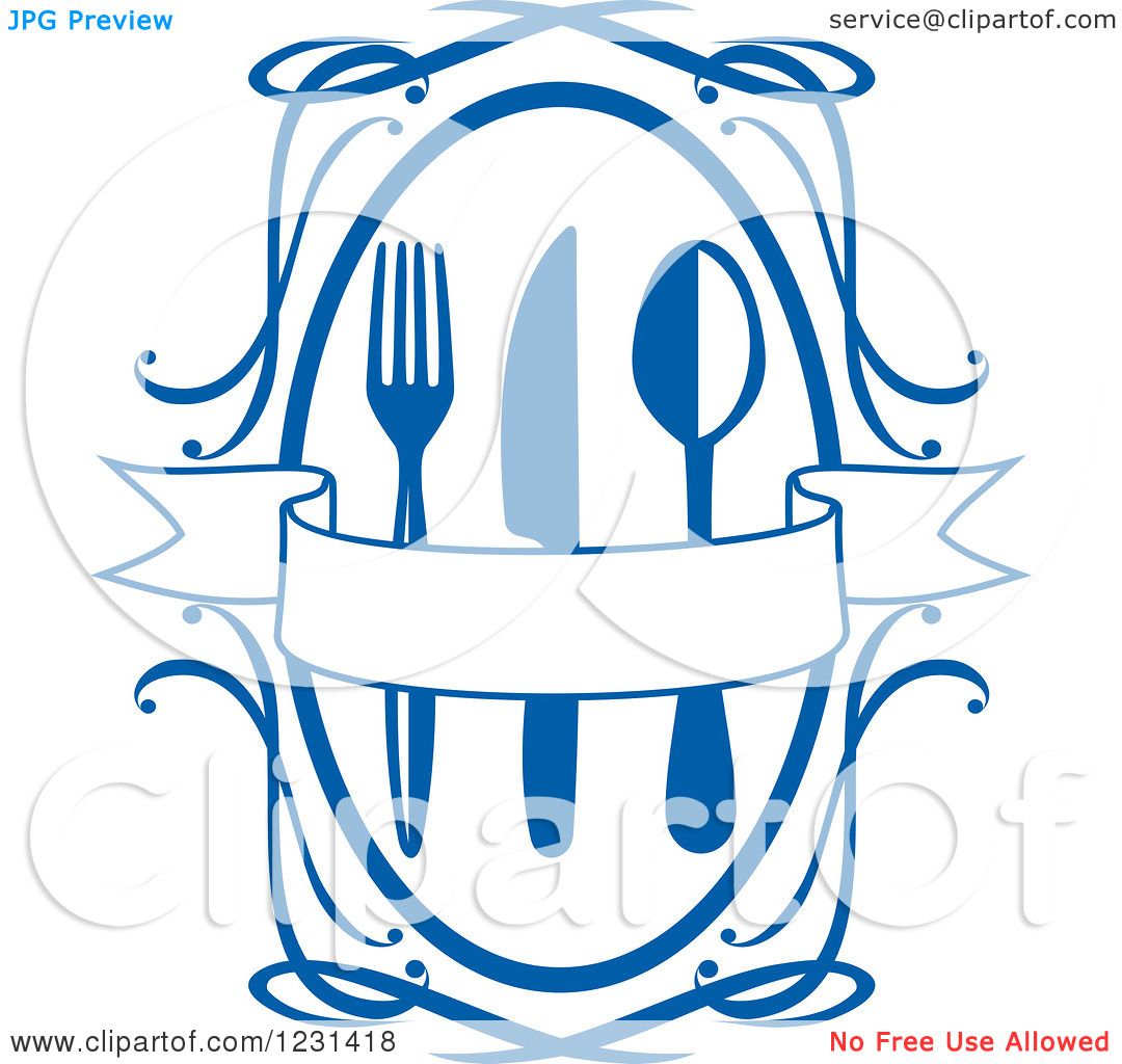 1080x1024 Clipart Of A Blue Banner Over Silverware In A Swirl Frame