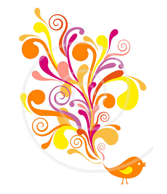570x665 Colorful Bird With Ornamental Swirls Digital Clipart