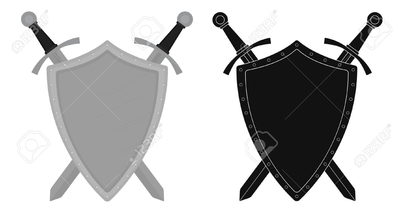 1300x687 Two Crossed Swords Steel Shield Heraldry Emblem. Security Logo
