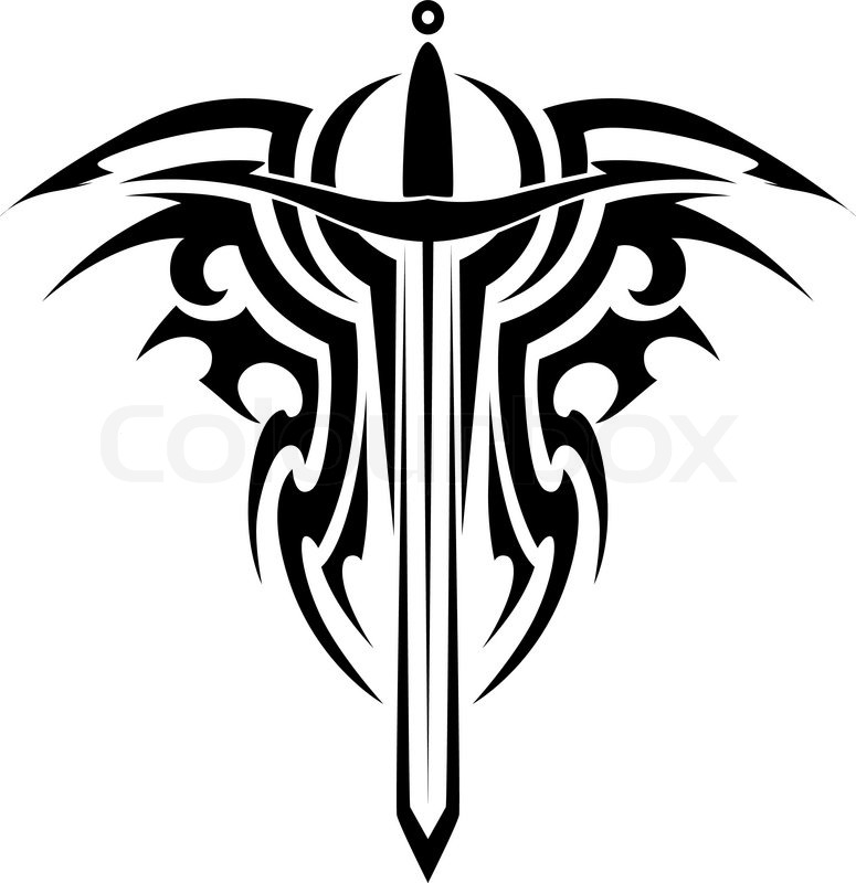 775x800 Tribal Tattoo Design With Medieval Sword Isolated On White Stock