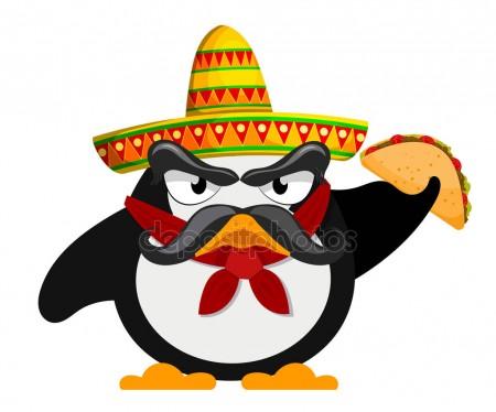 450x374 Penguin With Sombrero And A Taco. Mexican Style. Cartoon Vector