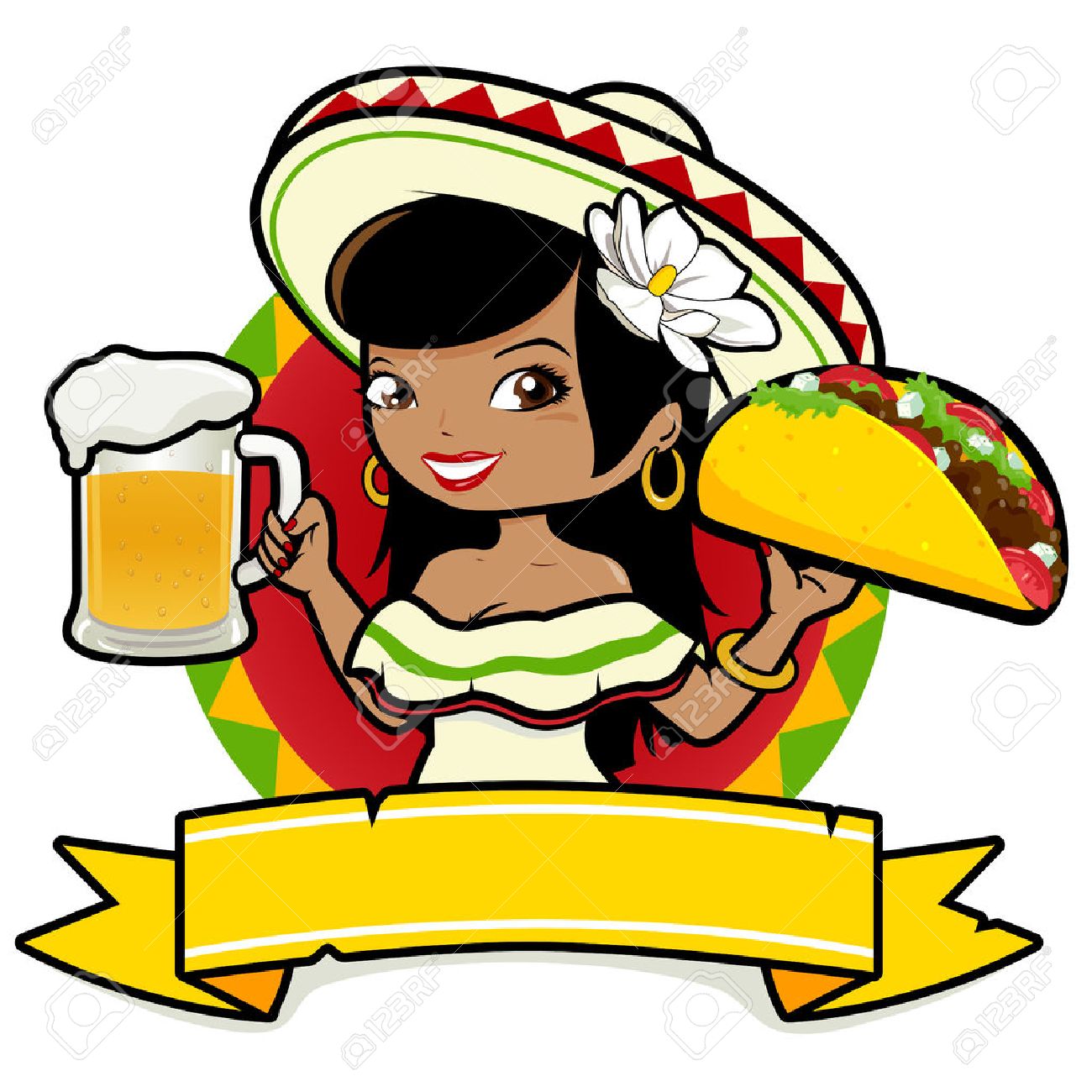1300x1300 Mexican Woman Holding A Cold Beer And A Taco Royalty Free Cliparts