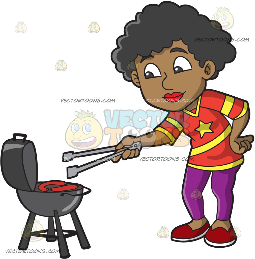 1011x1024 A Black Woman Grilling Sausages During A Tailgate Party Cartoon