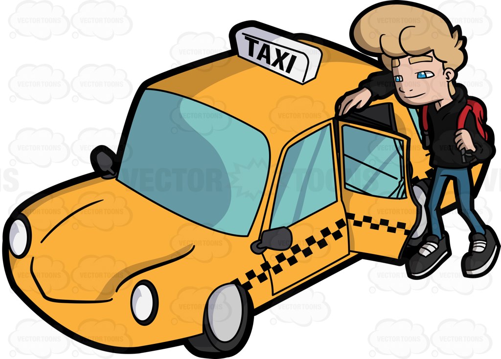 1024x735 A Young Man About To Ride A Yellow Cab Cartoon Clipart