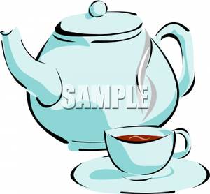 300x278 Tea Kettle With A Steaming Cup Of Coffee Clip Art Image