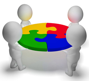 300x273 Puzzle Solved And 3d Characters Shows Unity And Teamwork Royalty