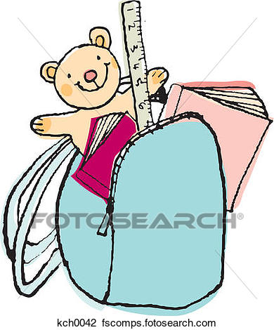 390x470 Clip Art Of A Back Pack Filled With Books,a Ruler And A Teddy Bear