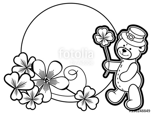 500x377 Outline Round Frame With Shamrock Contour And Teddy Bear. Vector