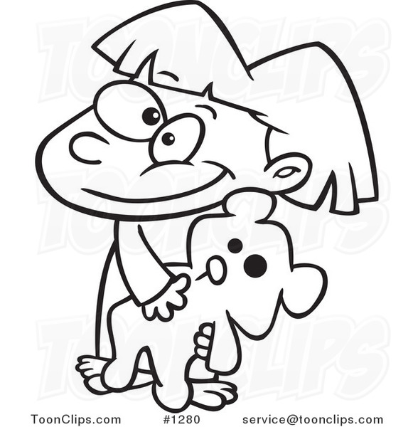 581x600 Cartoon Black And White Outline Design Of A Happy Girl Carrying