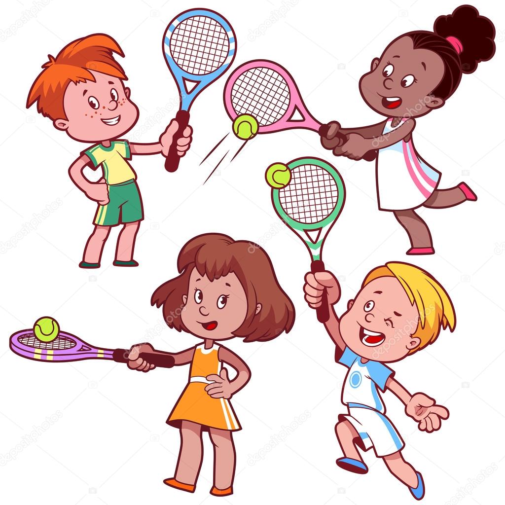 1024x1024 Cartoon Kids Playing Tennis. Vector Clip Art Illustration On A W