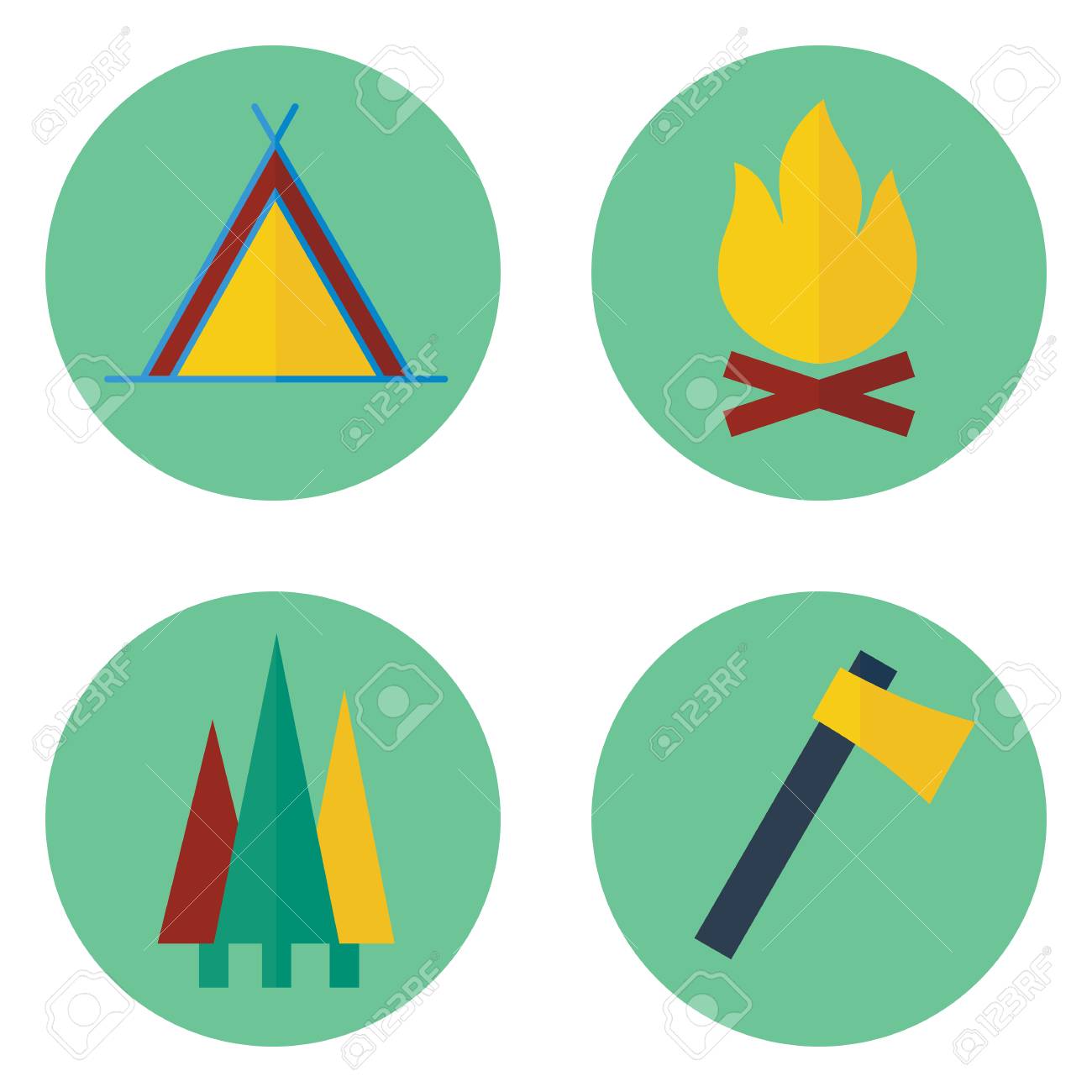 1300x1300 Set Of Camping Vector Icons. Contains Tent, Campfire, Axe, Trees