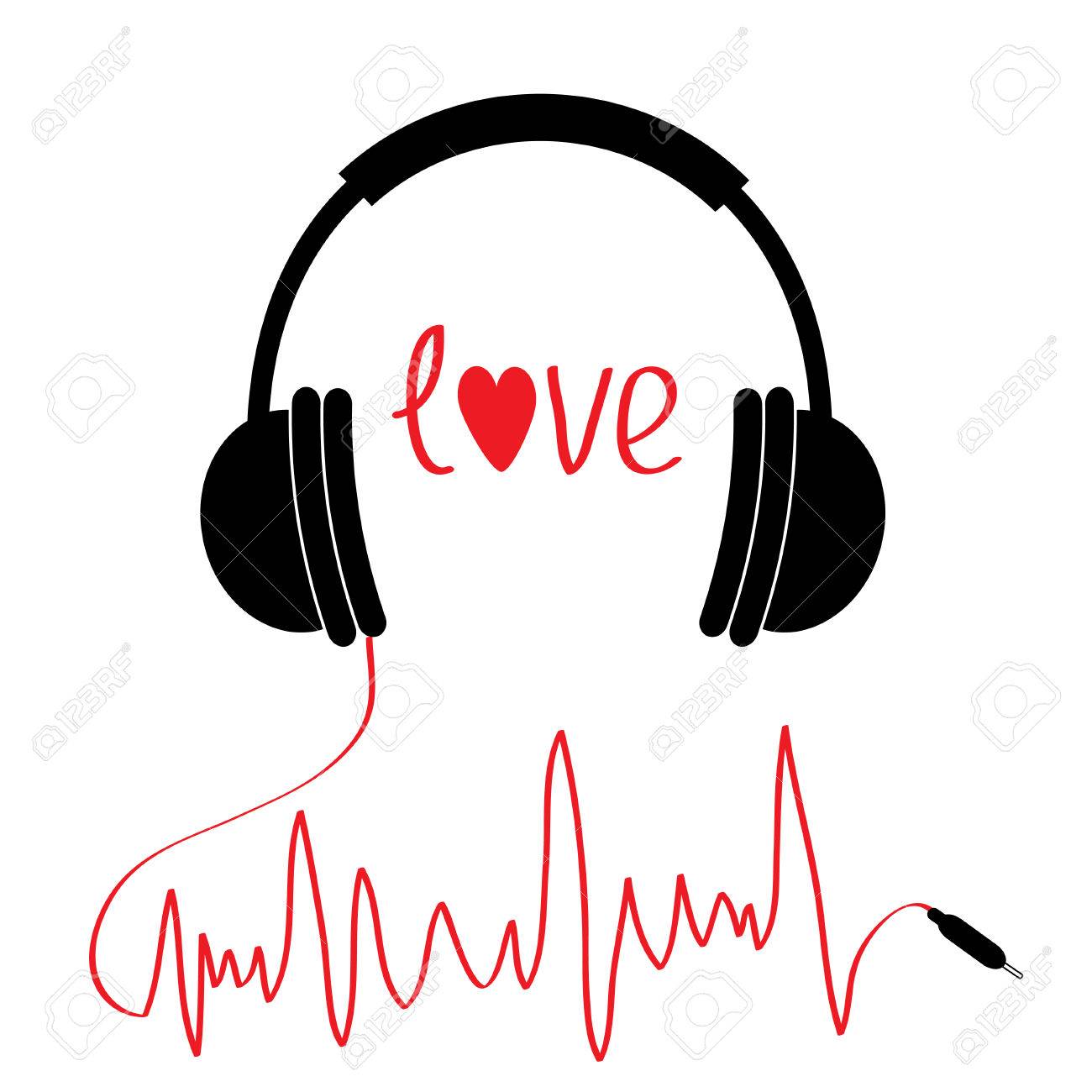 1300x1300 Black Headphones Icon With Red Cord In Shape Of Cardiogram. Love