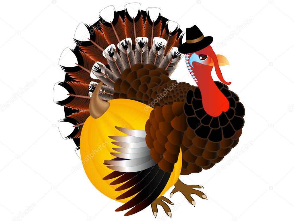 1024x768 Cute Cartoon Thanksgiving Turkey With Pumpkin. Stock Vector