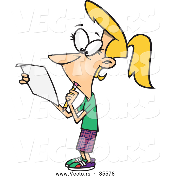 600x620 Vector Of A Cartoon Girl Reading A Blank Paper While Thinking By