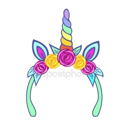 450x450 Unicorn Tiara With Rainbow Horn And Pink, Yellow Roses. Vector
