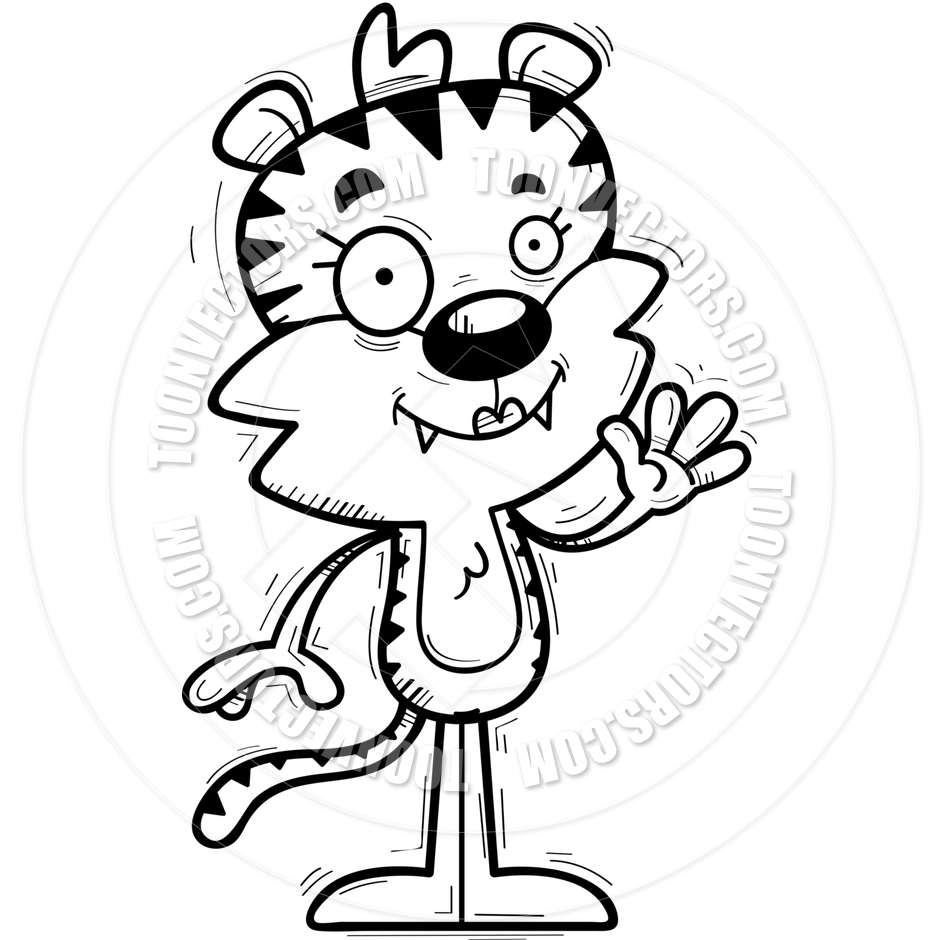 940x940 Cartoon Female Tiger Waving (Black Amp White Line Art) By Cory