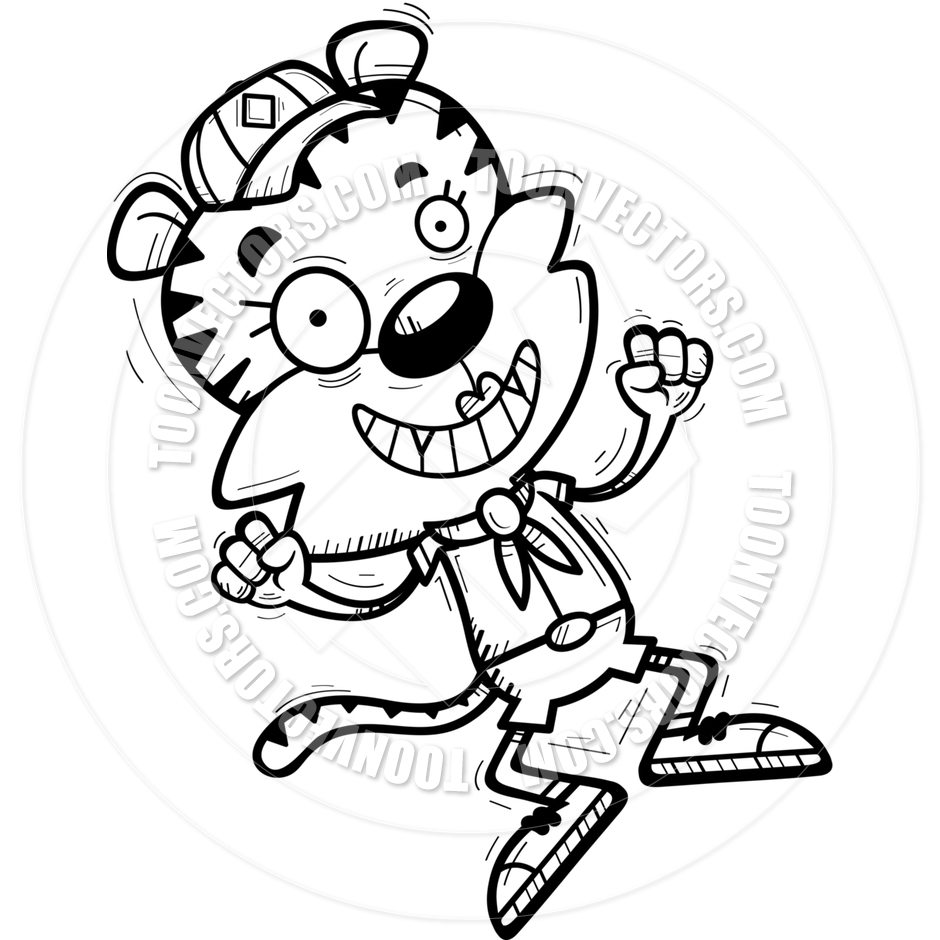 940x940 Cartoon Female Tiger Scout Jumping (Black Amp White Line Art) By