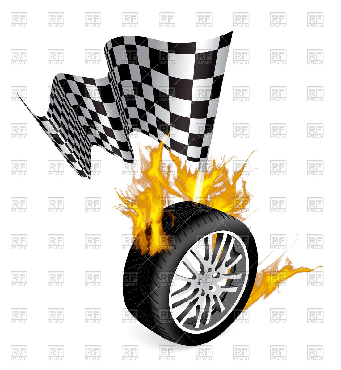 1104x1200 Tire In Fire With Checkered Flag Royalty Free Vector Clip Art