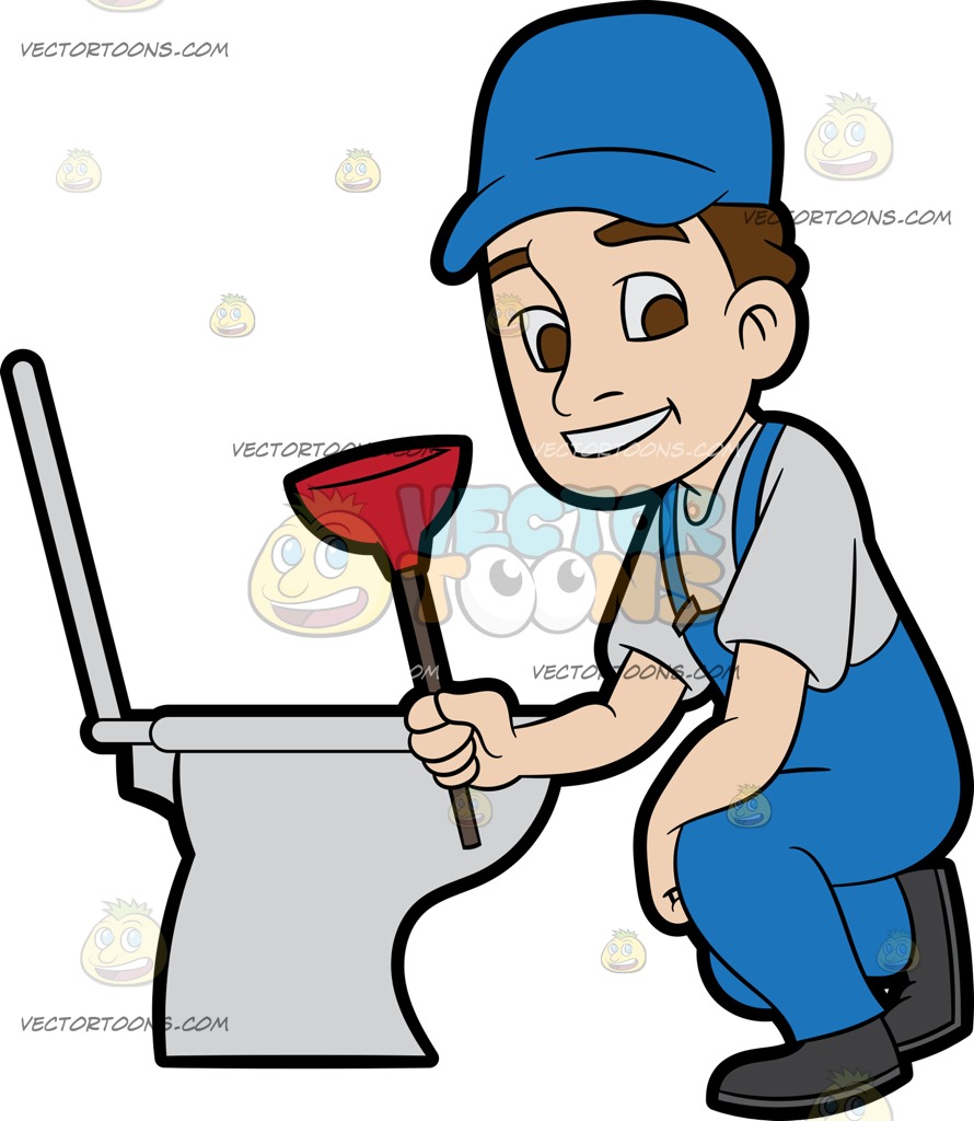 890x1024 A Plumber Fixing A Clogged Toilet Cartoon Clipart