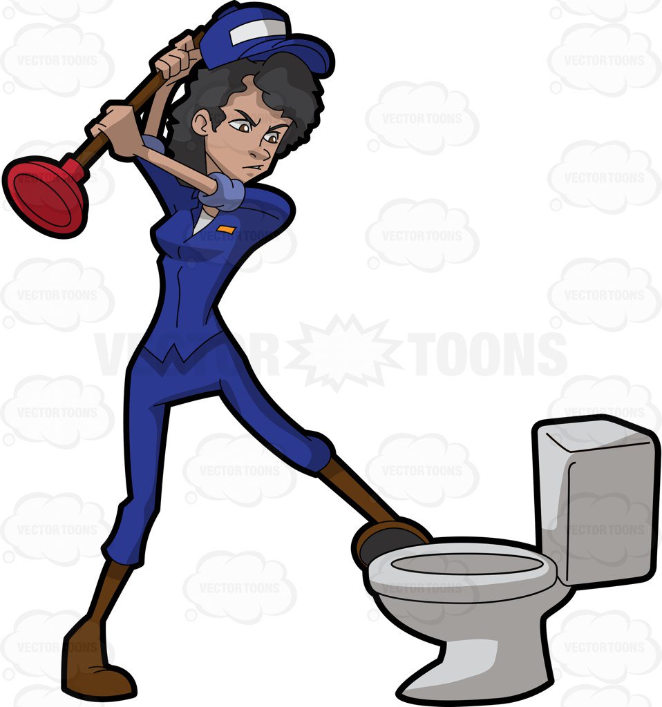 958x1024 A Frustrated Female Plumber Trying To Fix A Clogged Toilet Seat
