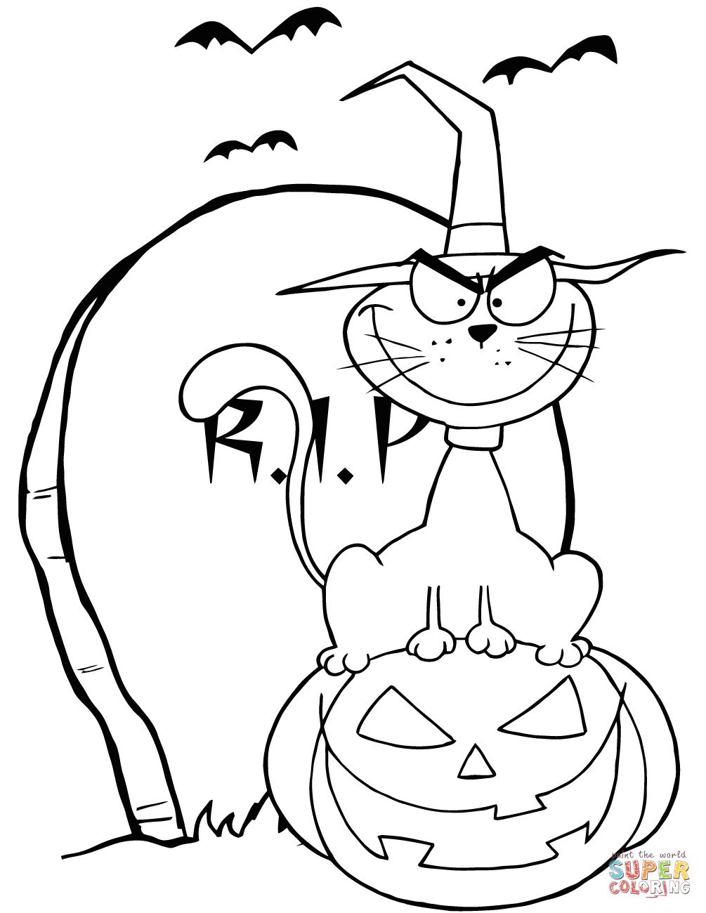 1005x1300 Halloween Cat On Pumpkin Near Tombstone Coloring Page Free