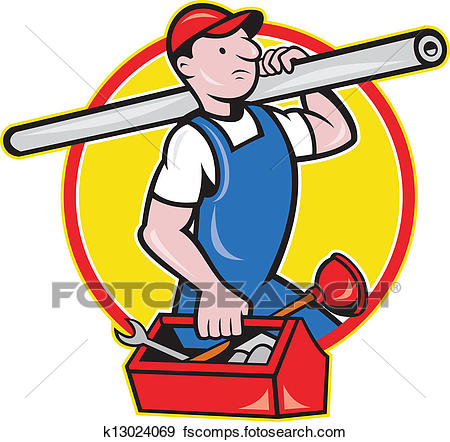 450x442 Clip Art Of Plumber With Pipe Toolbox Cartoon K13024069