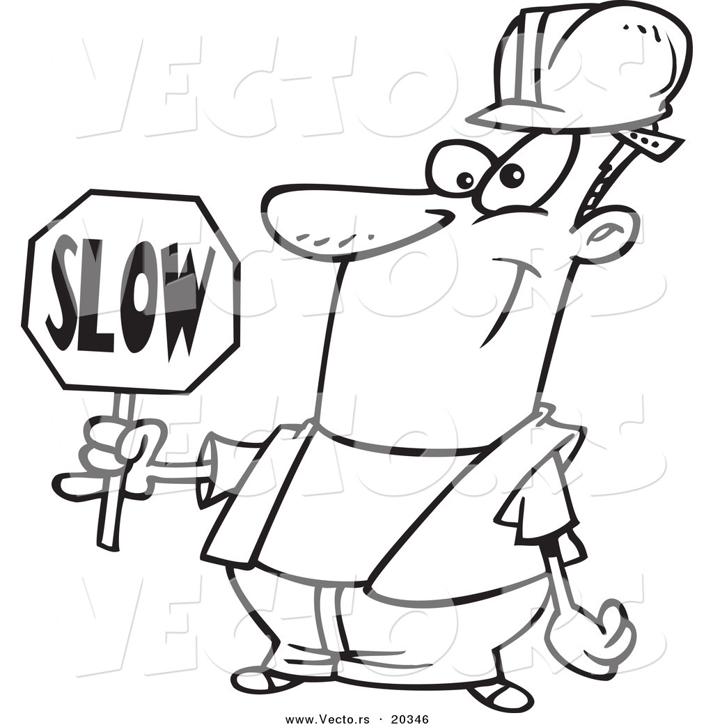1024x1044 Vector Of A Cartoon Construction Worker Slowing Down Traffic