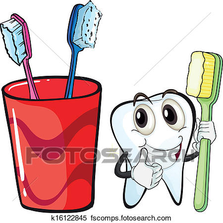 450x450 Clipart Of A Tooth Holding A Toothbrush Beside The Glass K16122845