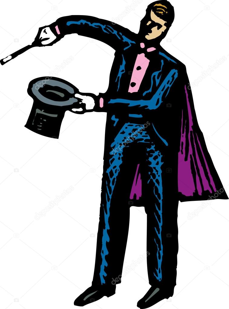 757x1023 Woodcut Illustration Of Magician With Top Hat, Cape And Cane