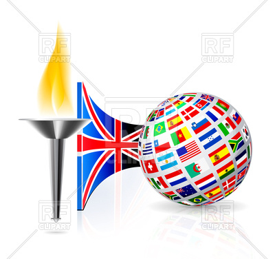 400x376 Torch With Flame, English Flag And Globe Royalty Free Vector Clip